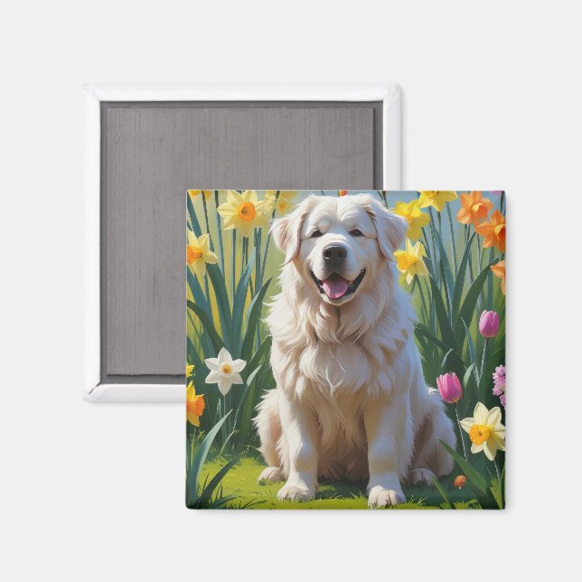 Íman Cão Great Pyrenees Pintura de Flores de Primavera (Front/Back)