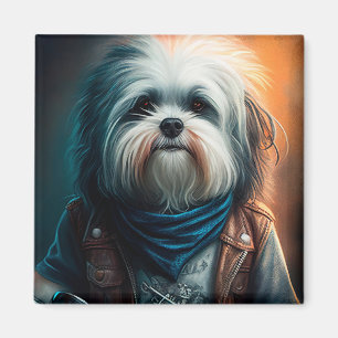 Íman Cão Havanês em bicicleta pintura digital