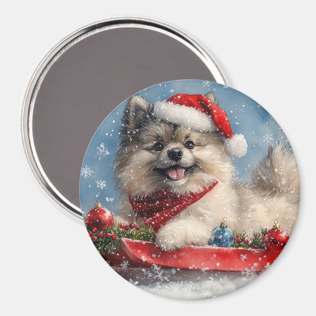 Íman Cão Keeshond em Trenó Deixe Nevar Natal (Front/Back)