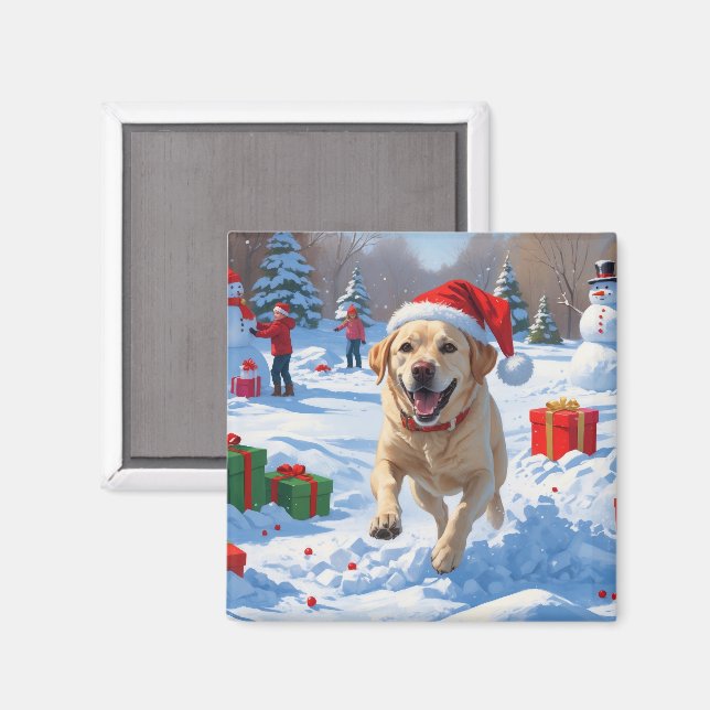 Íman Cão Labrador Correndo na Neve com Chapéu de Natal (Front/Back)