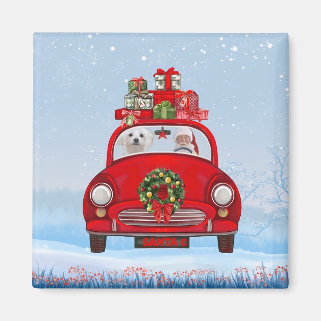 Íman Cão Maltês no carro com Papai Noel (Frente)