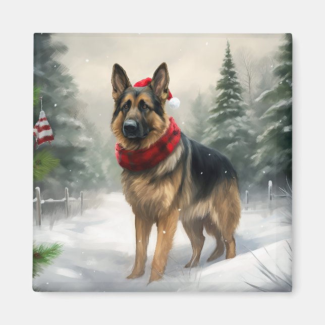 Íman Cão Pastor Alemão na Neve de Natal (Frente)