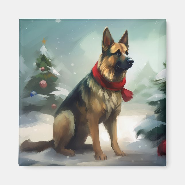 Íman Cão Pastor Alemão na Neve de Natal (Frente)