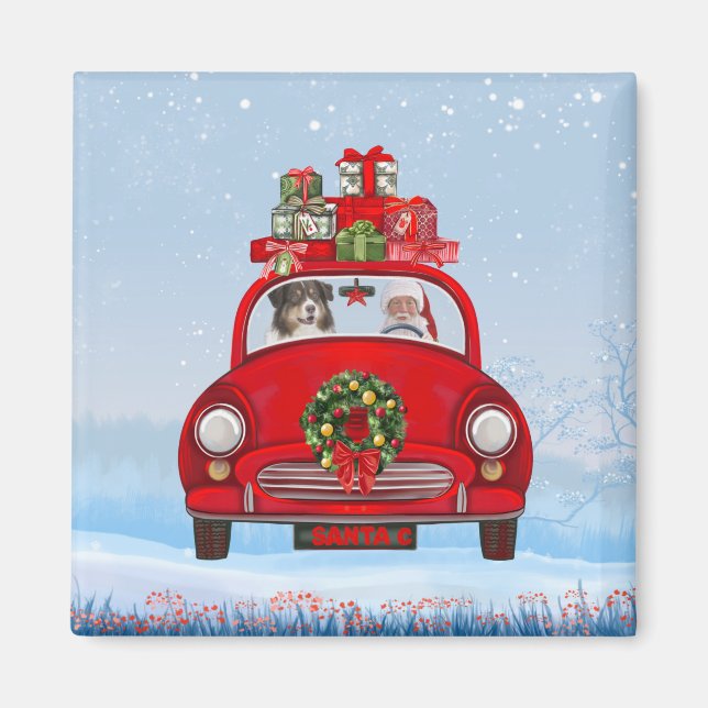 Íman Cão Pastor Australiano no Carro com Papai Noel (Frente)