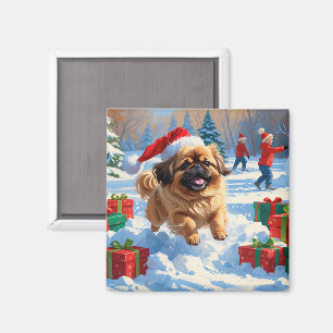 Íman Cão Pequinês Correndo na Neve com Chapéu de Natal