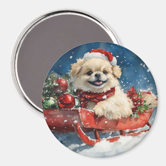 Íman Cão Pequinês em Trenó Deixe Nevar Natal (Front/Back)