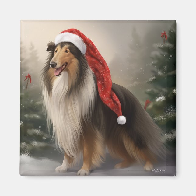 Íman Cão Rough Collie na Neve Natal (Frente)