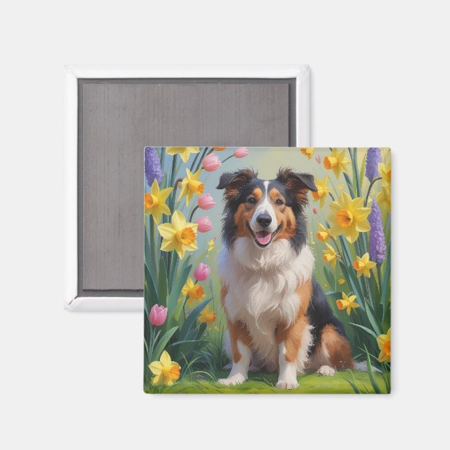Íman Cão Rough Collie Pintura de Flores de Primavera (Front/Back)