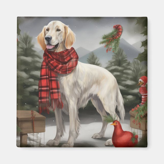 Íman Cão Setter Inglês na Neve de Natal (Frente)