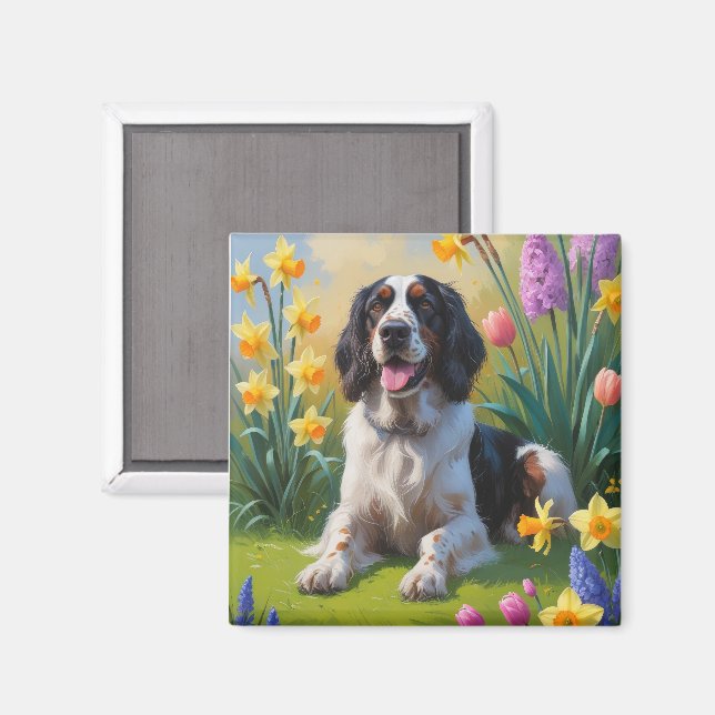 Íman Cão Setter Inglês Pintura de Flores de Primavera (Front/Back)