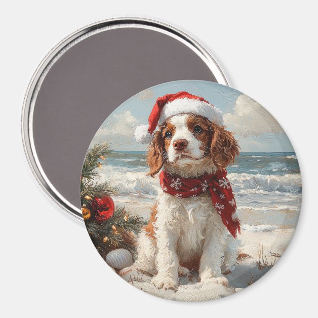 Íman Cão Springer Spaniel Natal Vintage Praia (Front/Back)