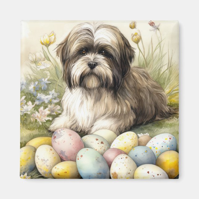Íman Cão Terrier Tibetano com Ovos da Páscoa Feriado (Frente)