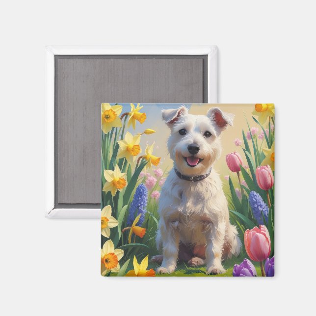 Íman Cão Terrier Wirefox Pintura de Flores de Primavera (Front/Back)