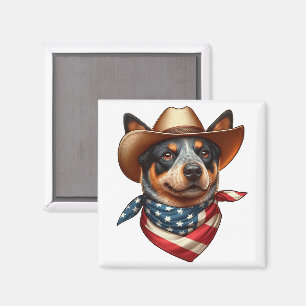 Íman Cão Vestindo chapéu e bandeira americana Bandana