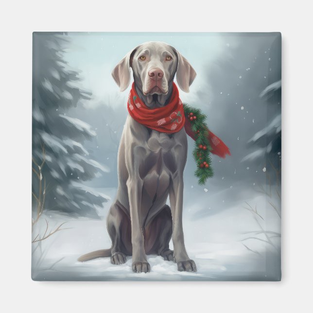Íman Cão Weimaraner na Neve de Natal (Frente)
