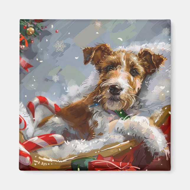 Íman Cão Wire Fox Terrier Natal Festivo  (Frente)