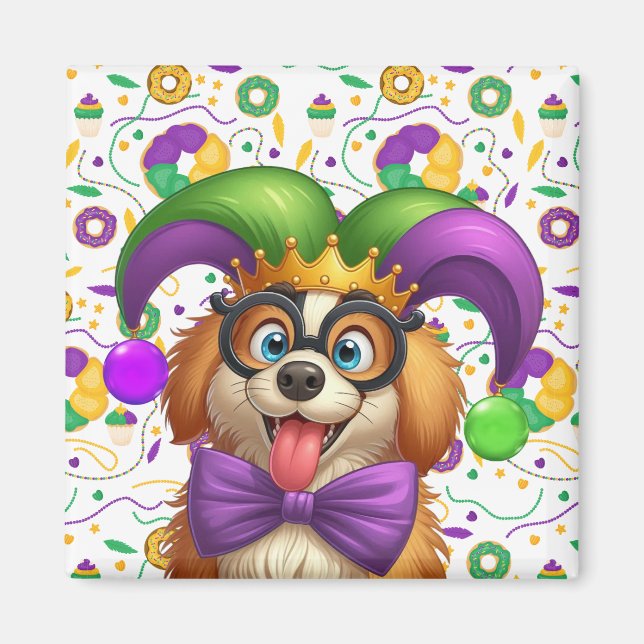 Íman Cãozinho bonito Mardi Gras com chapéu de gester (Frente)