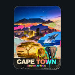 Íman Cape Town South Africa Mountain Sea Safari Collage<br><div class="desc">Cape Town South Africa travel art bringing together the famous Table Mountain skyline, a vibrant city landscape, and wild African safari animals. This colorful pop art collage features a jumping ocean whale, a majestic lion, and an elephant, all mixed with retro vintage textures and modern graphic details. Known as a...</div>