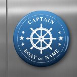 Íman Capitão Seu Nome De Barco Embarca Helm Blue Fade<br><div class="desc">Íman do frigorífico na moda round com o Capitão ou outro título, o seu nome de barco personalizado ou outro texto desejado e uma roda de naves personalizada - hélio em branco em tons de azul-marinho ou escolha cores de fundo para corresponder à sua decoração. Faz um presente único excelente....</div>