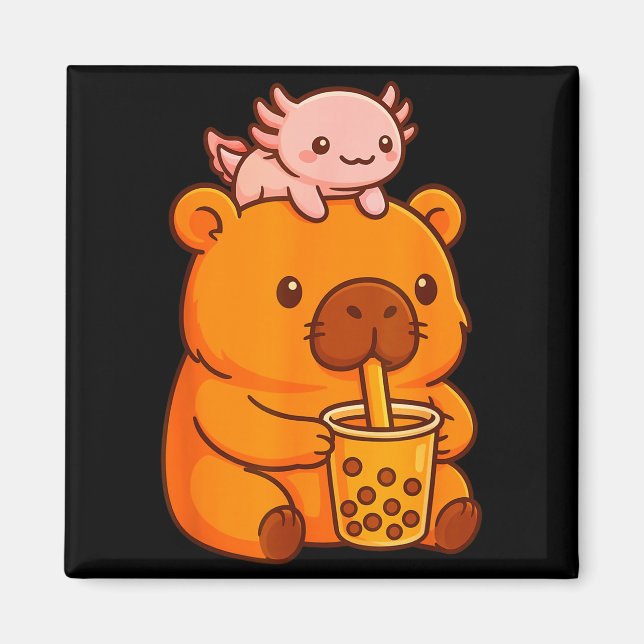 Íman Capivara Fofa Bebendo Chá Bubble e Axolote Kawa (Frente)