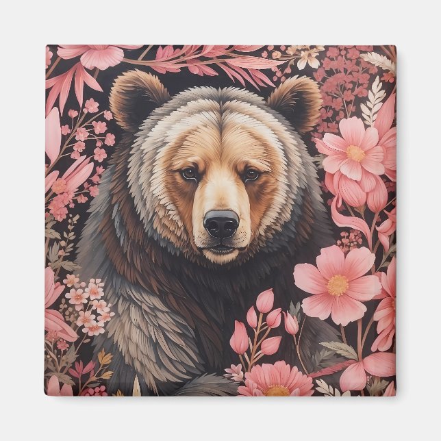 Íman Captivando Flores Rosa Cinzentas De Urso Marrom (Frente)