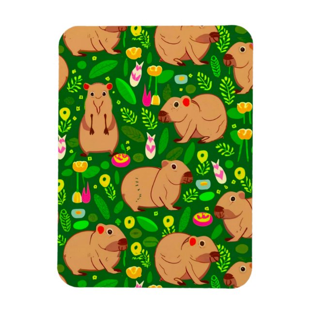 Íman Capybara Sketch com Flores de primavera em Verde (Vertical)