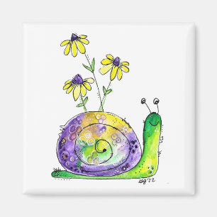 Íman Caracol Feliz Branca Com Flores Amarelas