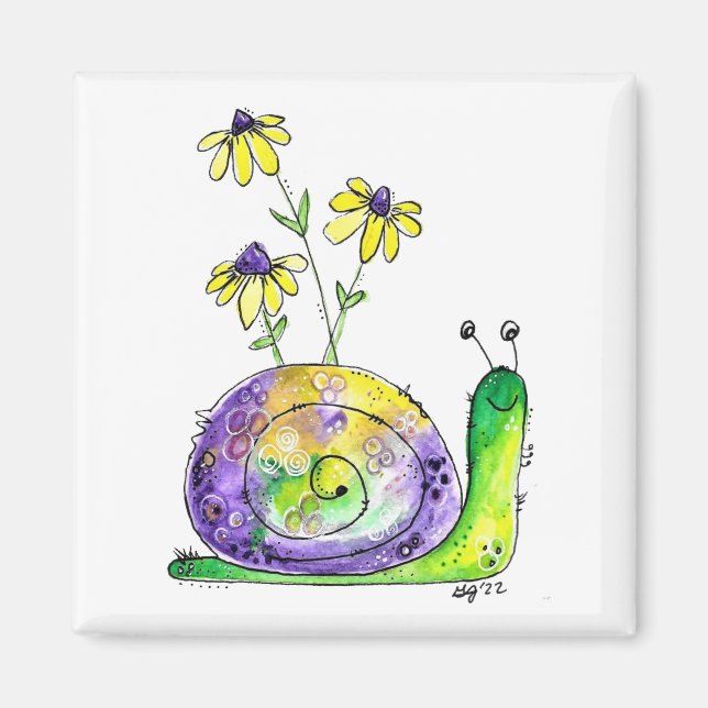 Íman Caracol Feliz Branca Com Flores Amarelas (Frente)