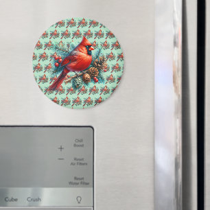 Íman Cardinal em galho de pinheiro com bagas de inverno