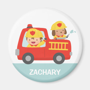 Íman Carro de bombeiros vermelho com menino e filhote