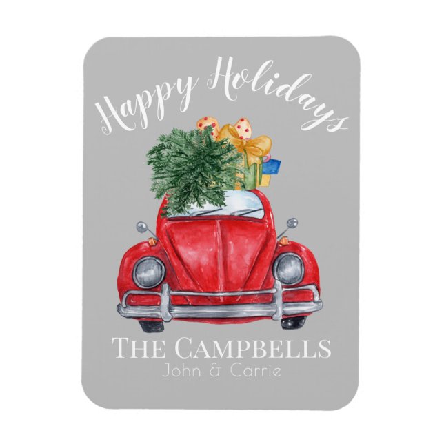 Íman Carro Vermelho com Árvore de Natal Personalizável (Vertical)