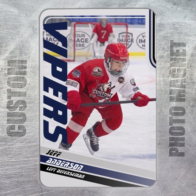 Íman Cartão Azul De Hóquei No Gelo (Ice Hockey Trading Card Magnet: Dynamic blue design with green & black stripes. Perfect for kids!)