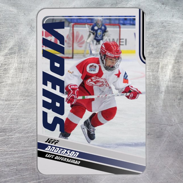 Íman Cartão Azul De Hóquei No Gelo (Ice Hockey Trading Card Magnet: Dynamic blue design with green & black stripes. Perfect for kids!)