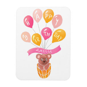 Íman Cartão de Aniversário Menina Balões Rosa Ursinho F