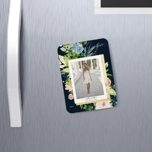 Íman Cartão de Graduação de Fotografias floral azul-