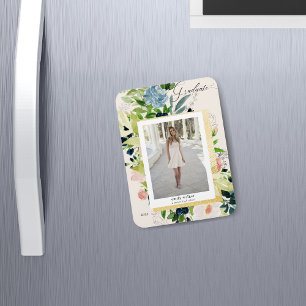 Íman Cartão de Graduação de Fotografias floral azul-