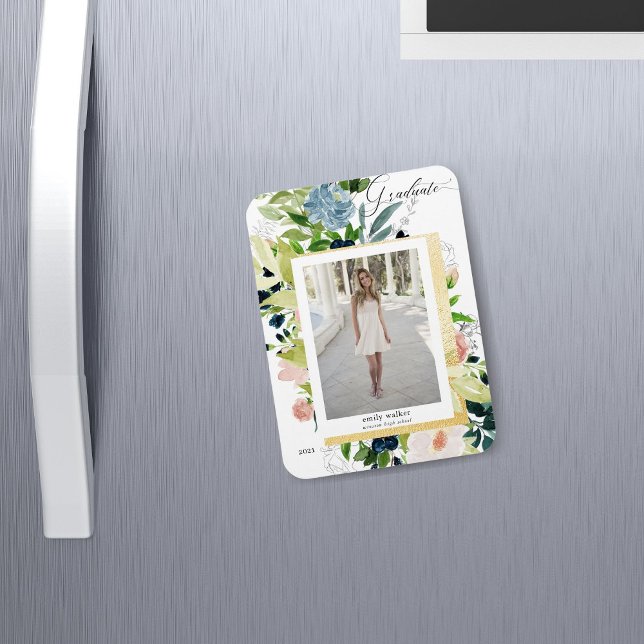 Íman Cartão de Graduação de Fotos floral azul-claro (Criador carregado)