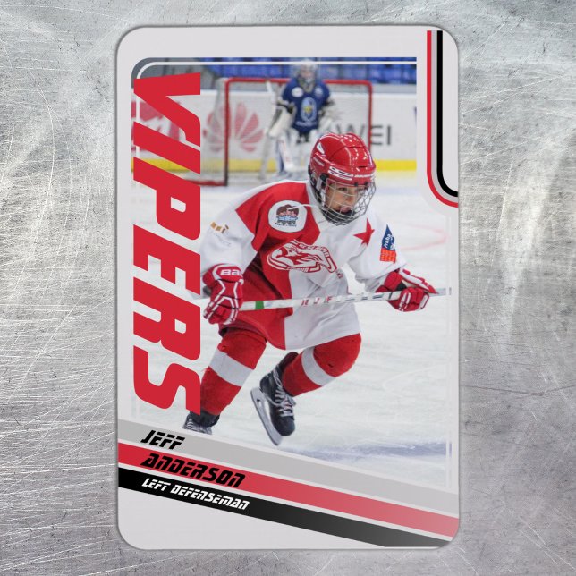Íman Cartão de Hóquei no Gelo (Ice Hockey Trading Card Magnet: Stylish red design on grey with black stripes. Perfect for kids!)