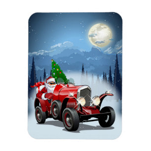 Íman Cartão de Natal com carro retrô e Papais noeis l