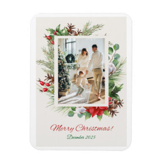 Íman Cartão de Natal Floral Vermelho e Verde Personaliz