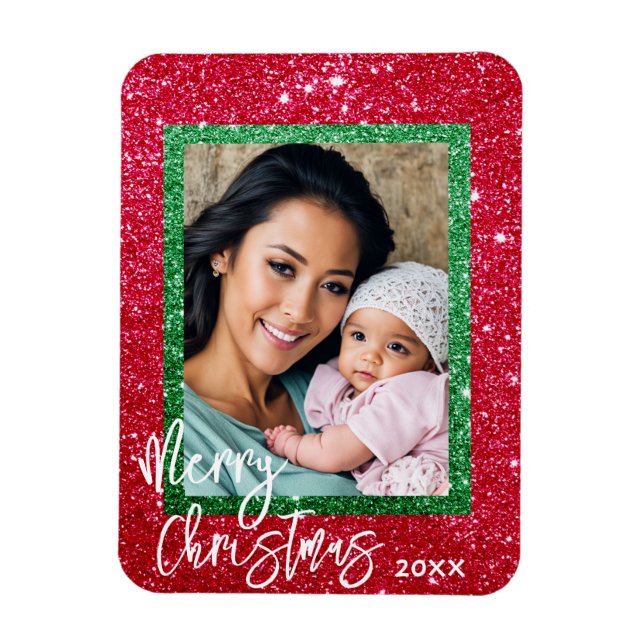 Íman Cartão de Natal Glitter - Quadro de Fotografias Pe (Vertical)