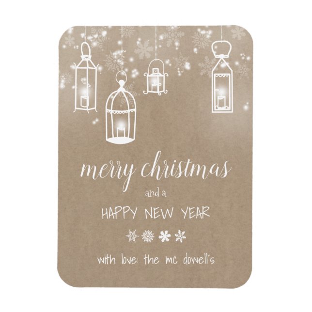 Íman cartão de natal rustic kraft com lanternas (Vertical)