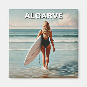 Íman Cartão-postal da surfista em Algarve Portugal
