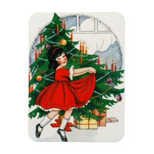 Íman Cartão postal de Natal retrô, criança e árvore de