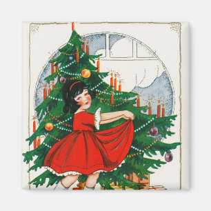 Íman Cartão postal de Natal retrô, criança e árvore de 
