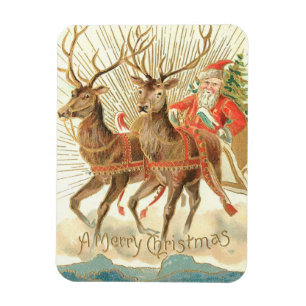 Íman Cartão Postal de Natal VIntage, Papai Noel com Ren