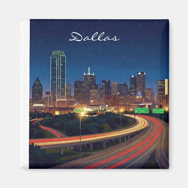 Íman Cartão-postal Noturno Dallas Texas (Frente)