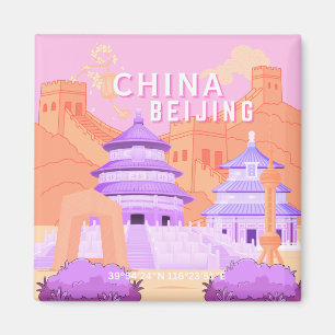 Íman Cartaz de Viagem de Pequim China   Arte Rosa e Lav