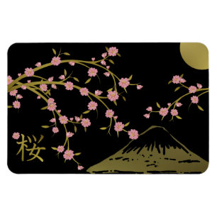 Íman Cartaz Japonês Tela Preta Dourada Sakura Rosa