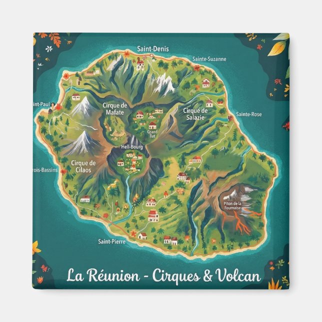 Íman Carte Illustrée La Réunion – Cirques & Volcan (Frente)